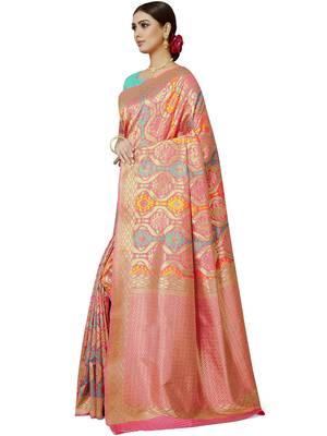 Peach Woven Silk Blend Saree With Blouse 3