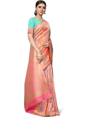 Peach Woven Silk Blend Saree With Blouse 4