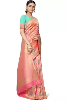 Peach Woven Silk Blend Saree With Blouse
