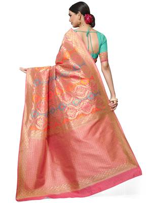 Peach Woven Silk Blend Saree With Blouse 5