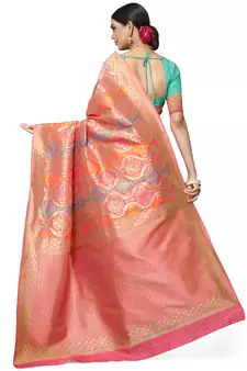 Peach Woven Silk Blend Saree With Blouse