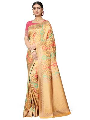 Golden Woven Silk Blend Saree With Blouse 1