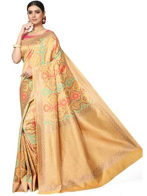 Golden Woven Silk Blend Saree With Blouse 2