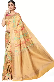 Golden Woven Silk Blend Saree With Blouse