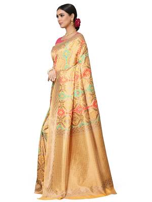 Golden Woven Silk Blend Saree With Blouse 3