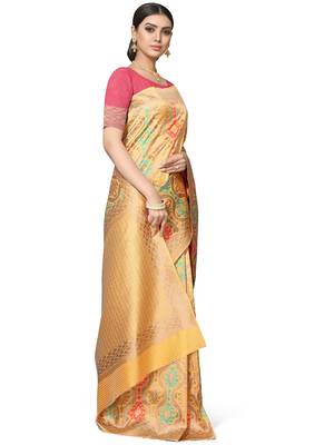 Golden Woven Silk Blend Saree With Blouse 4