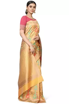 Golden Woven Silk Blend Saree With Blouse