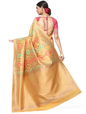 Golden Woven Silk Blend Saree With Blouse 5