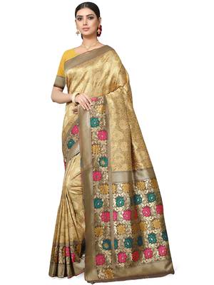 Golden Woven Silk Blend Saree With Blouse 1