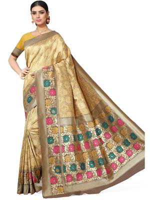 Golden Woven Silk Blend Saree With Blouse 2