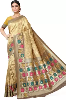 Golden Woven Silk Blend Saree With Blouse
