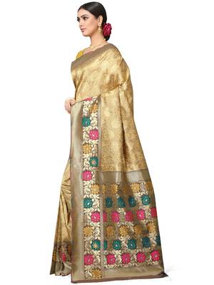 Golden Woven Silk Blend Saree With Blouse 3