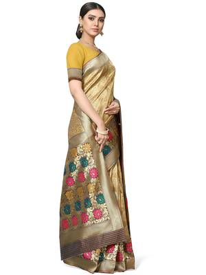 Golden Woven Silk Blend Saree With Blouse 4