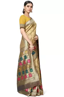 Golden Woven Silk Blend Saree With Blouse