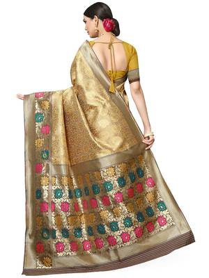 Golden Woven Silk Blend Saree With Blouse 5