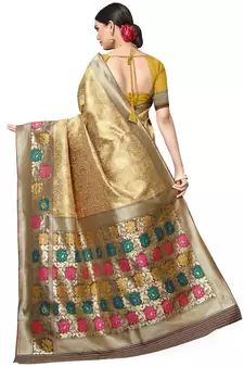 Golden Woven Silk Blend Saree With Blouse
