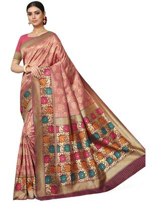 Peach woven silk blend saree with blouse 1