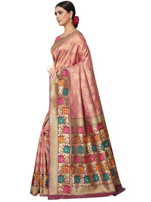 Peach woven silk blend saree with blouse 2