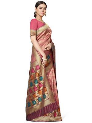 Peach woven silk blend saree with blouse 3