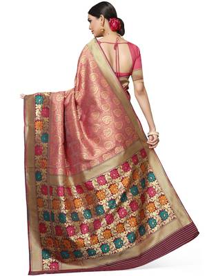 Peach woven silk blend saree with blouse 4