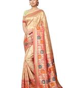 Beige woven silk blend saree with blouse