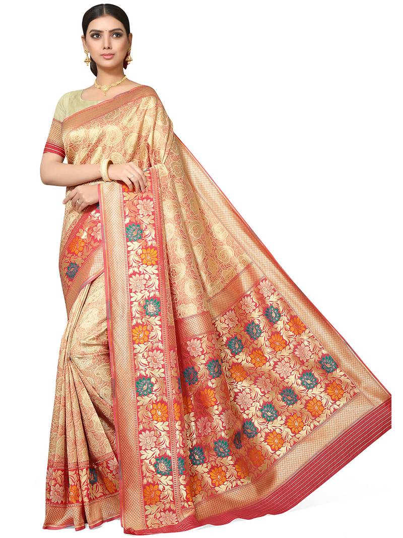Beige woven silk blend saree with blouse