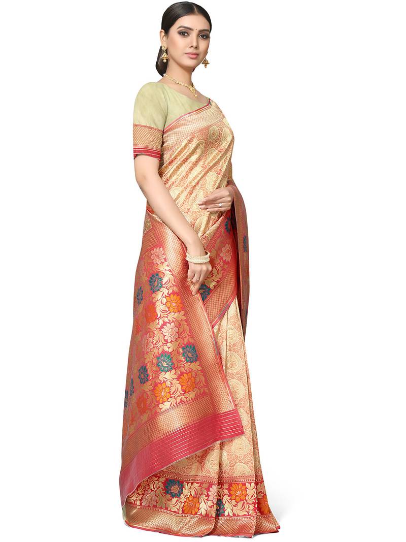 Beige woven silk blend saree with blouse