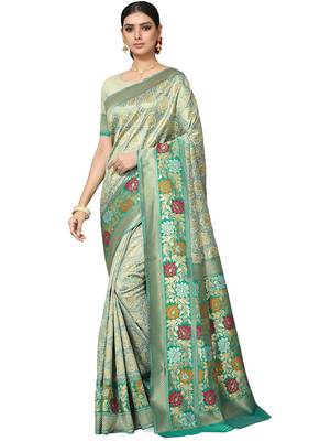 Sea Green Woven Silk Blend Saree With Blouse 1