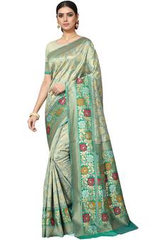 Sea Green Woven Silk Blend Saree With Blouse