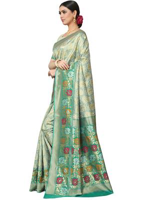 Sea Green Woven Silk Blend Saree With Blouse 3