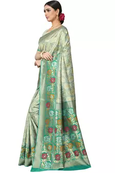 Sea Green Woven Silk Blend Saree With Blouse