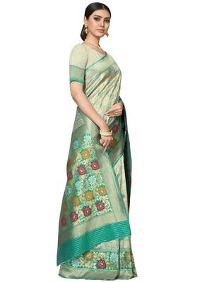 Sea Green Woven Silk Blend Saree With Blouse 4
