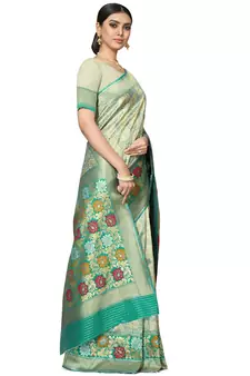 Sea Green Woven Silk Blend Saree With Blouse