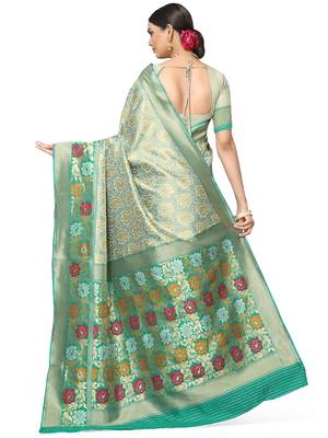 Sea Green Woven Silk Blend Saree With Blouse 5