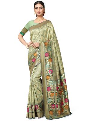 Olive Woven Silk Blend Saree With Blouse 1