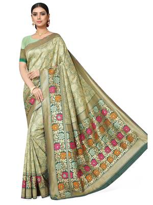Olive Woven Silk Blend Saree With Blouse 2