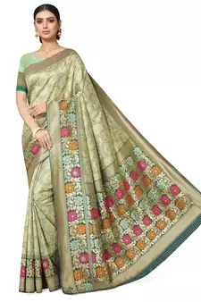 Olive Woven Silk Blend Saree With Blouse