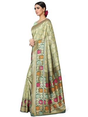 Olive Woven Silk Blend Saree With Blouse 3