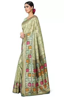 Olive Woven Silk Blend Saree With Blouse
