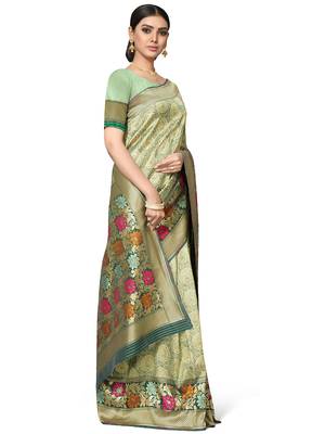 Olive Woven Silk Blend Saree With Blouse 4