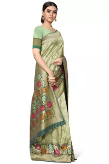Olive Woven Silk Blend Saree With Blouse