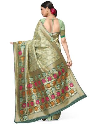 Olive Woven Silk Blend Saree With Blouse 5