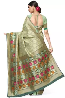 Olive Woven Silk Blend Saree With Blouse