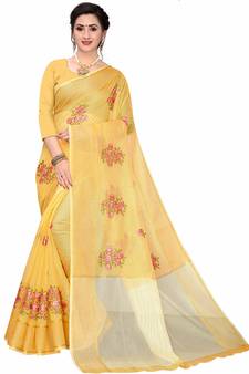 Yellow Woven Super Net Saree With Blouse