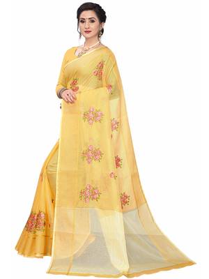 Yellow Woven Super Net Saree With Blouse 2