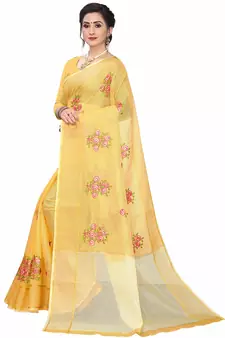 Yellow Woven Super Net Saree With Blouse