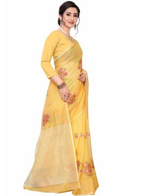 Yellow Woven Super Net Saree With Blouse 3