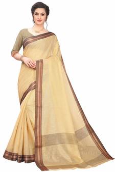 Beige Woven Cotton Silk Saree With Blouse