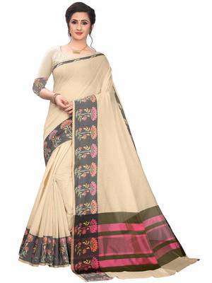 Beige Woven Cotton Silk Saree With Blouse 1