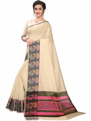 Beige Woven Cotton Silk Saree With Blouse 2